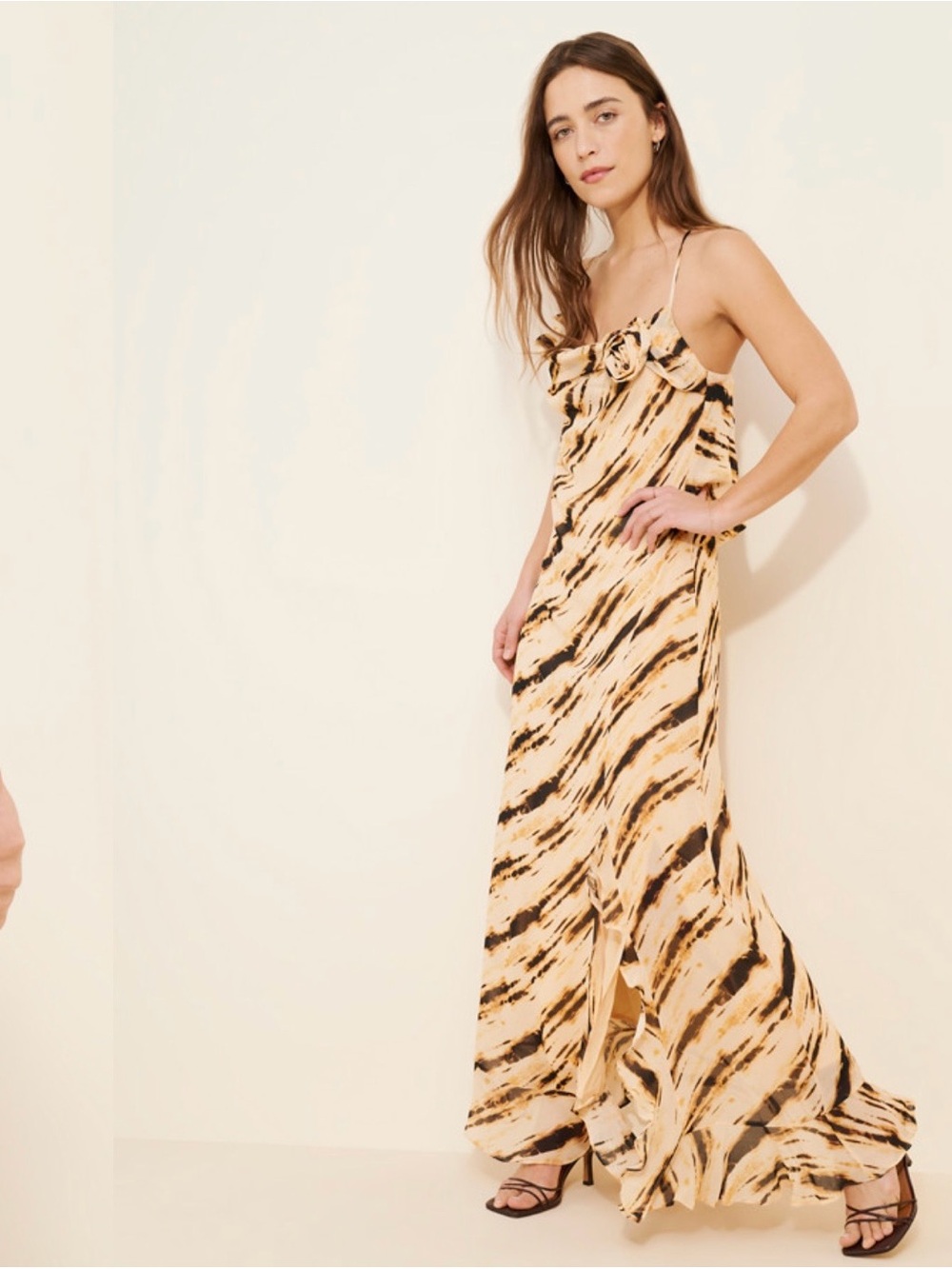 Beige Brushstroke Print Spaghetti-Strap Maxi Dress